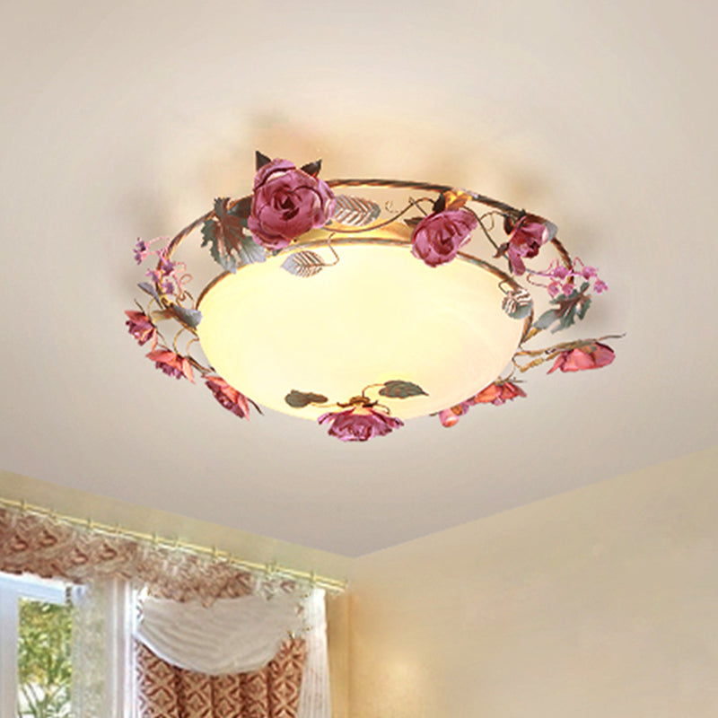 Rustic Metal Bowl Ceiling Lamp With Flower Decor - Flush Mount Light Fixture For Dining Room White