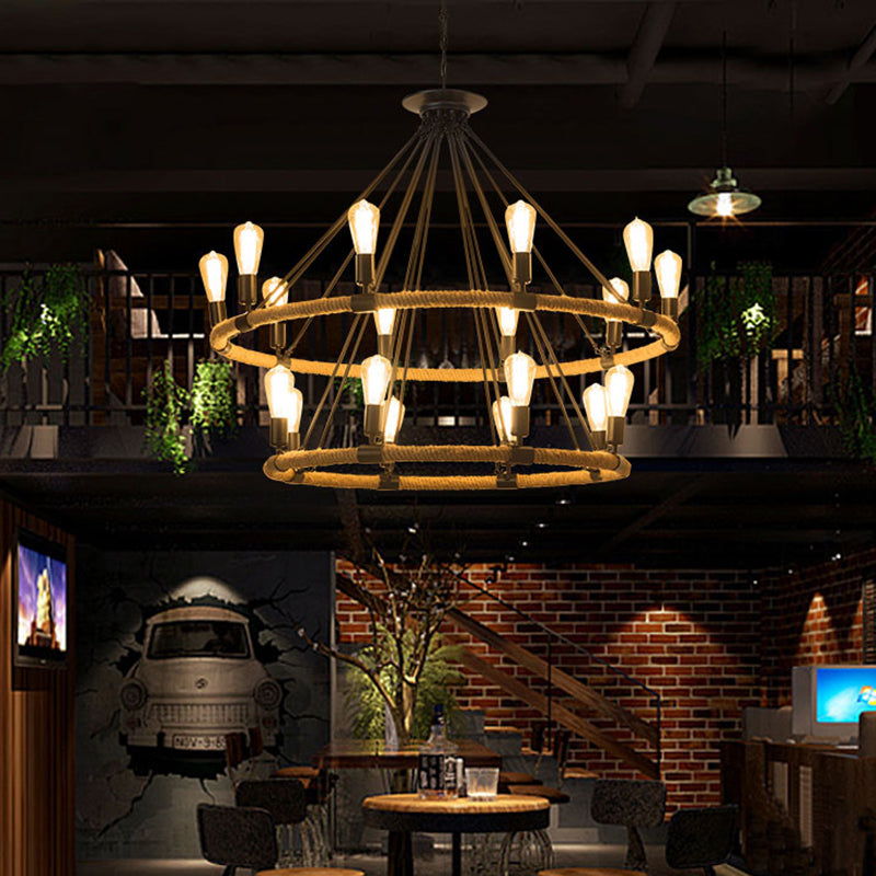 2-Tier Industrial Chandelier With 18 Hanging Lights Beige Rope Pendant Lamp For Restaurants