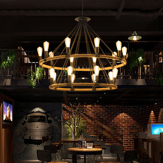 2-Tier Industrial Chandelier With 18 Hanging Lights Beige Rope Pendant Lamp For Restaurants