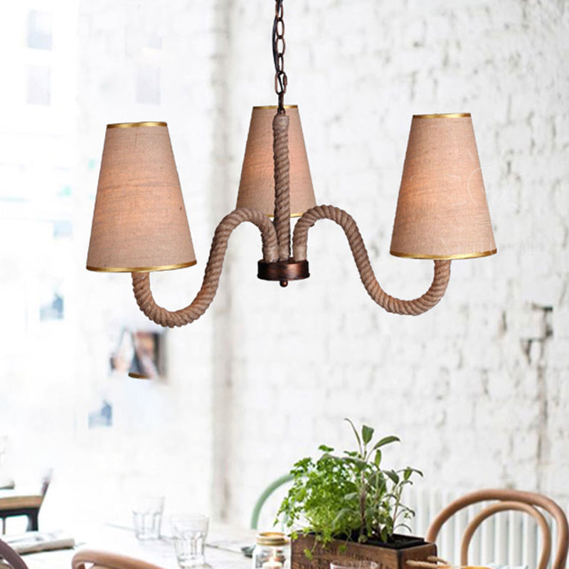 Beige Ceiling Chandelier With Antiqued Rope And Fabric Cone Shades - 3/5/8 Heads