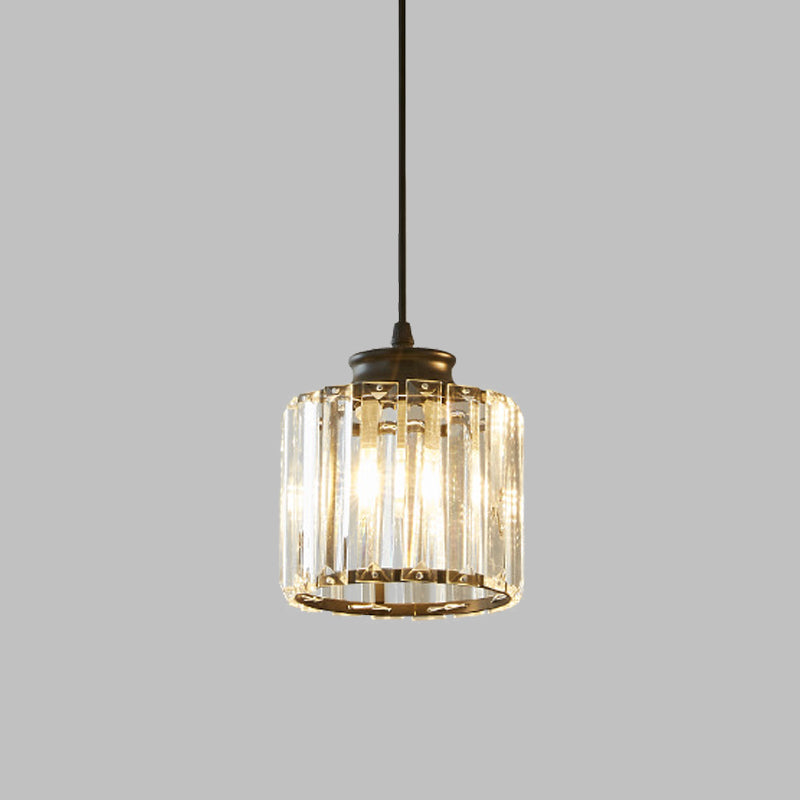 Modern Black Drum Pendant Light With Clear Crystal Ceiling Hang Fixture For Living Room
