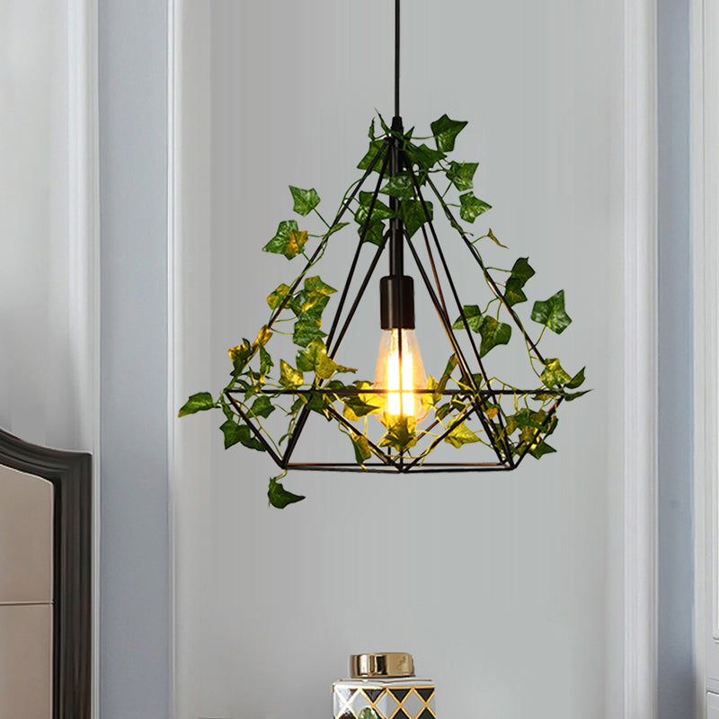 Black Diamond Metal Ceiling Light With Led Down Lighting And Plant - Restaurant Style Pendant