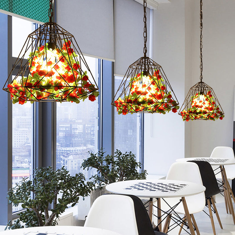 Antique Geometric Pendant Ceiling Light - Metal Led Flower Suspension Lamp In Black