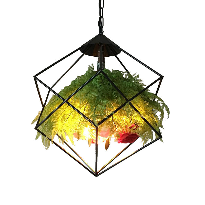 Geometric Metal Pendant: 1-Head Led Down Light W/ Plant Accent - Antique Black 18/21.5 Wide