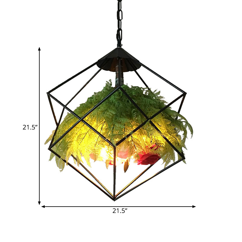 Geometric Metal Pendant: 1-Head Led Down Light W/ Plant Accent - Antique Black 18/21.5 Wide