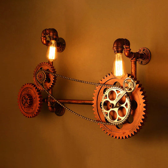 Vintage Weathered Copper Wall Lamp - 2-Light Gear Sconce Fixture
