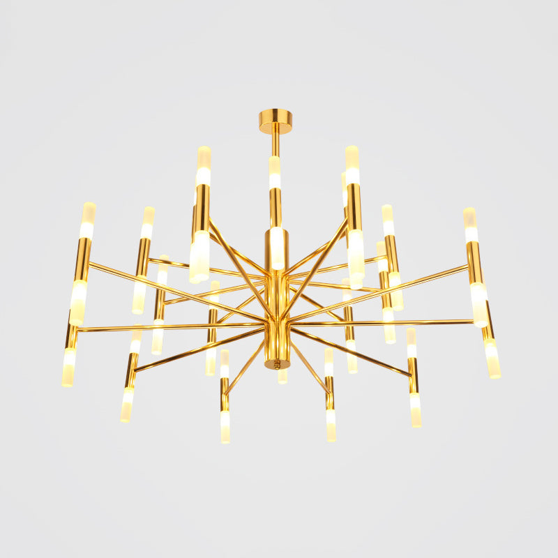 Brass 2-Tier Slim Tube Pendant Chandelier - Minimalist 40-Head Ceiling Light For Living Room