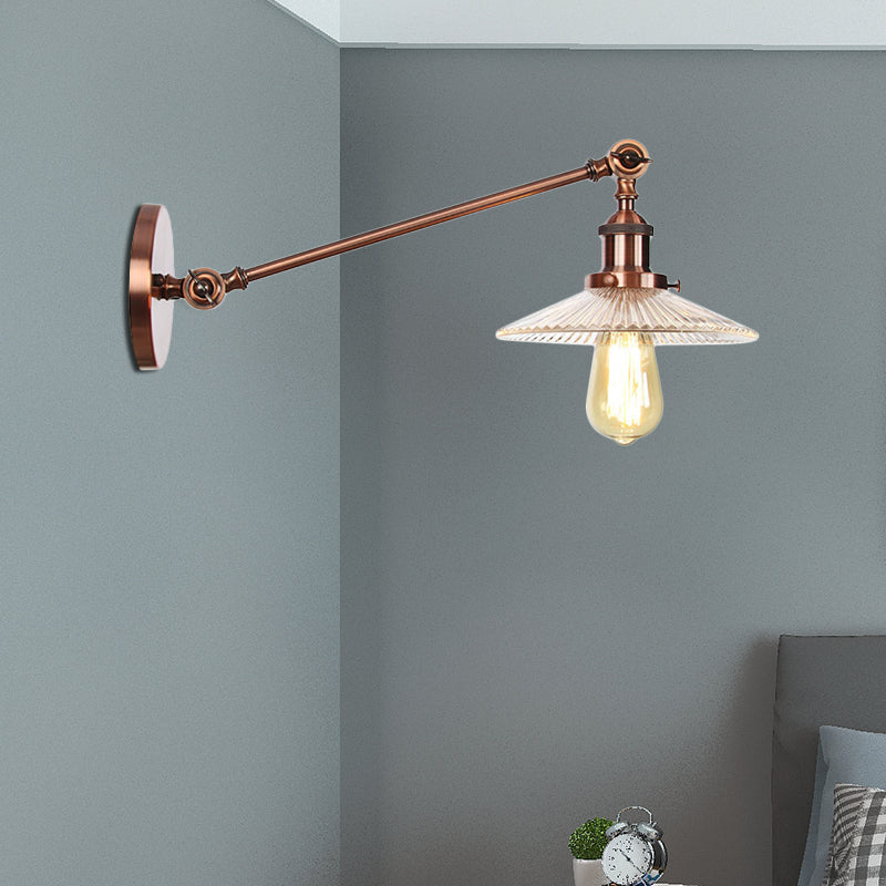 Vintage Clear Glass Ribbed Wall Lamp Saucer - Bronze/Brass/Copper Finish 1 Light Fixture 8/12 L Arm