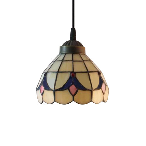 Tiffany-Style Beige Stained Glass Ceiling Lamp: 1-Head Pendant Light Kit (6’/8’ Wide Flare)