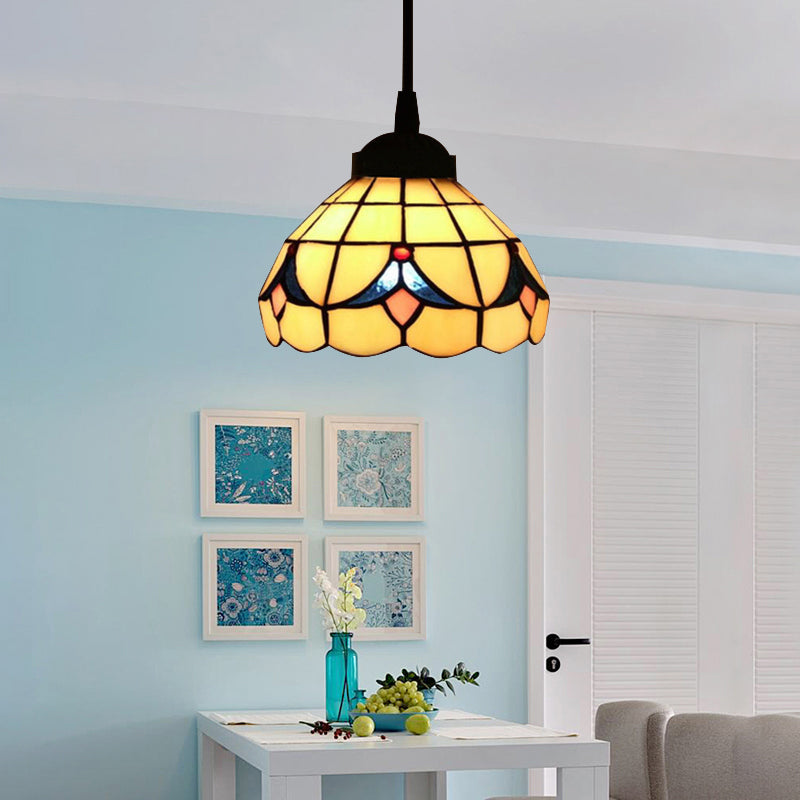 Tiffany-Style Beige Stained Glass Ceiling Lamp: 1-Head Pendant Light Kit (6’/8’ Wide Flare) / 8’