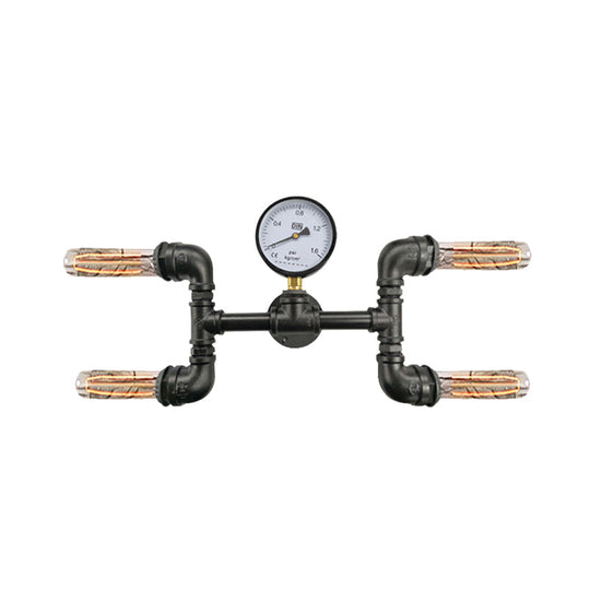 Farmhouse Black Iron Wall Mount Sconce With 4-Bulb H-Shape Design And Gauge Deco