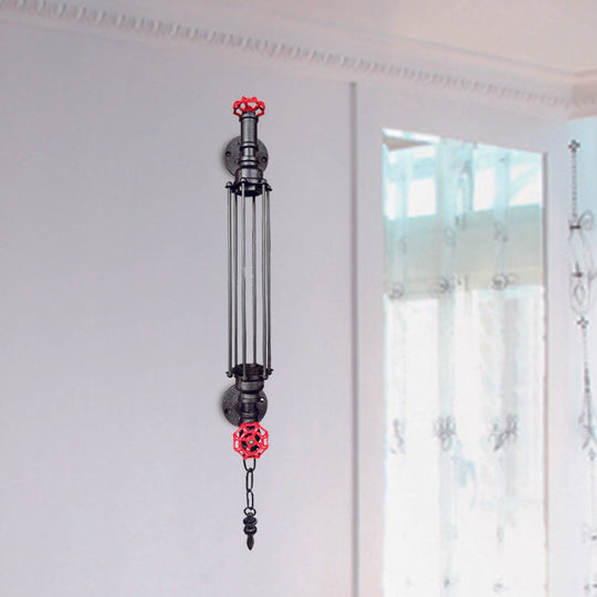 Rustic Black/Copper Tubular Sconce Wall Light With 2-Valve Deco And Chain