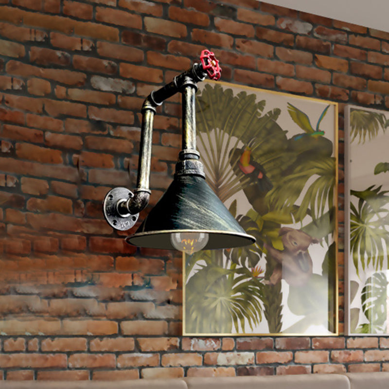 Rustic Black/Bronze Metal Wall Sconce With Cone Shade For Restaurants - 1 Light Pipe And Valve