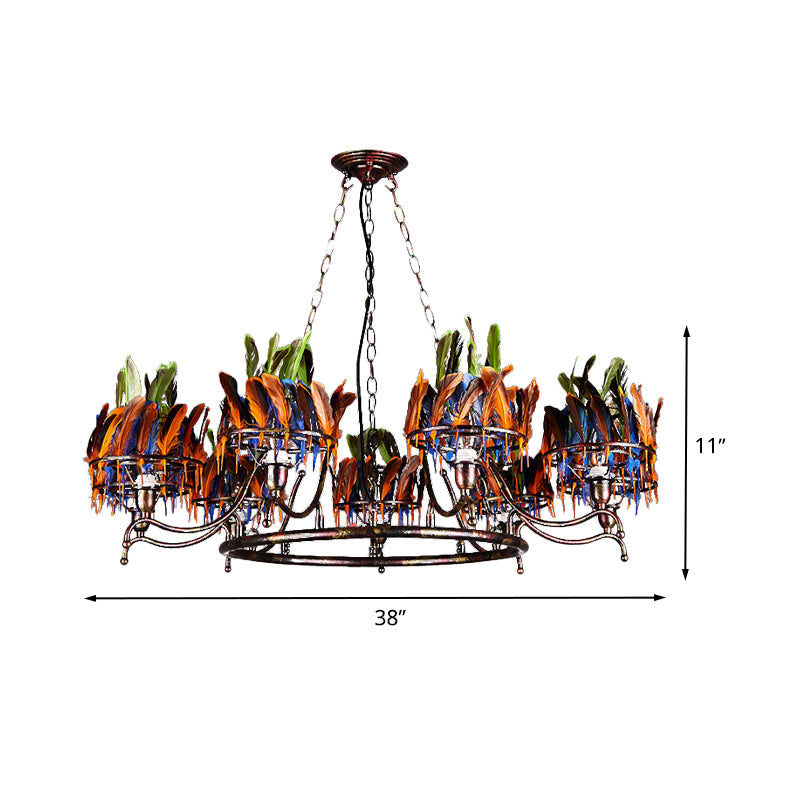 Industrial Iron Rusty Chandelier Light Fixture - 9 Lights Round Hanging Ceiling Lamp With Colorful