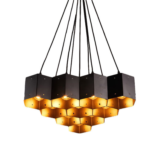 Vintage Hexagonal Chandelier With Black Honeycomb Design - 7/10/11 Down Lights For Restaurants