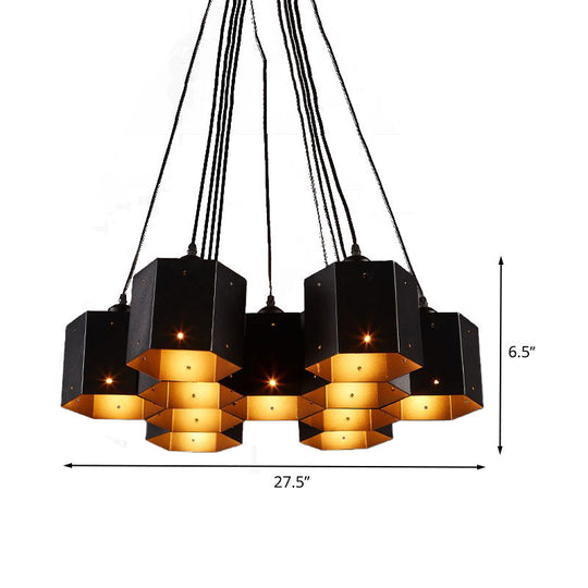 Vintage Hexagonal Chandelier With Black Honeycomb Design - 7/10/11 Down Lights For Restaurants
