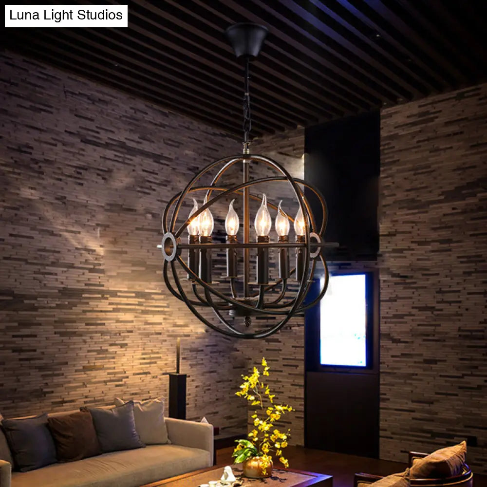 6-Bulb Spherical Hanging Light: Black Iron Chandelier Pendant For Restaurants