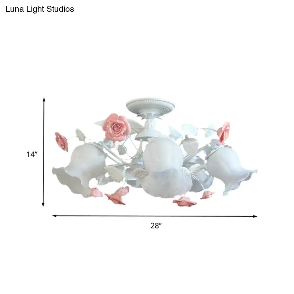 6 - Light Pink Lodge Bedroom Ceiling Fixture With Flower Glass Shade Semi - Flush Mount