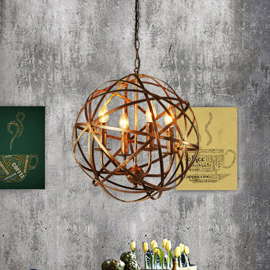 Vintage Style 4-Head Ceiling Chandelier With Iron Globe Cage Shade In Antique Brass For Dining Room