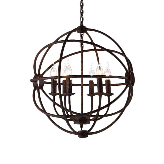 Spherical Wrought Iron Hanging Light: Antique Style Indoor Chandelier Lamp In Black/Rust With 3/6/7