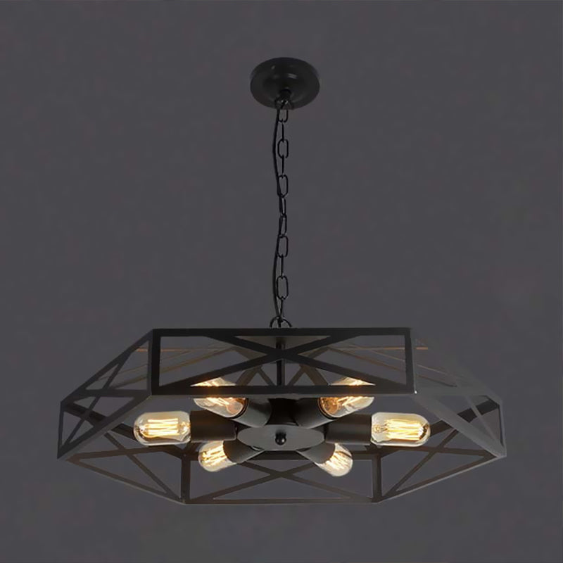 Farmhouse Iron Chandelier with Wire Cage Shade 6 Light Pendant Ceiling Light in Black Black