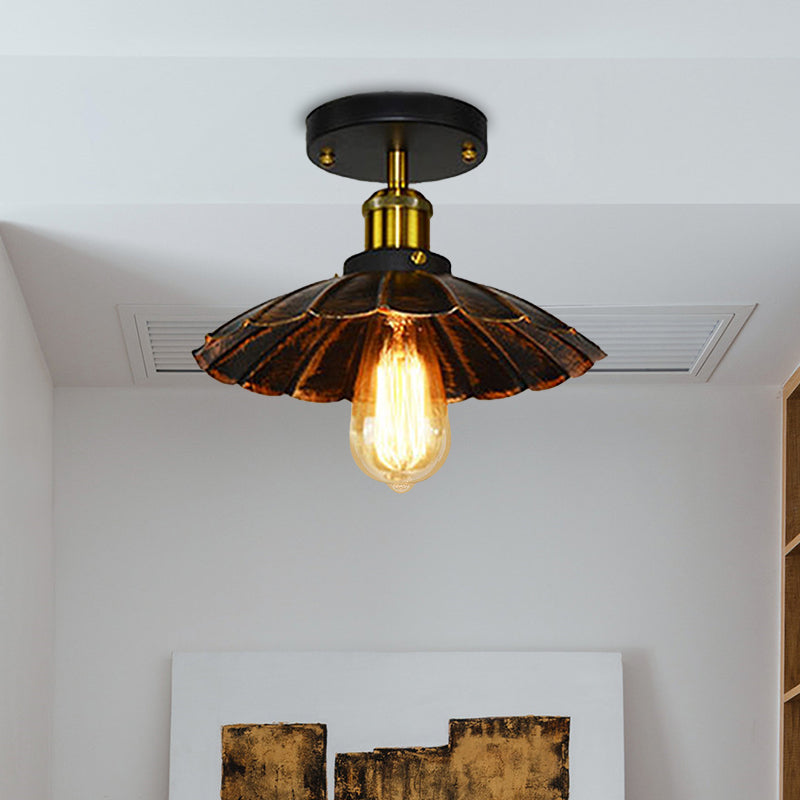 Vintage Style Scalloped Edge Balcony Semi Flush Ceiling Light In Black/Rust With 1 Metal Fixture
