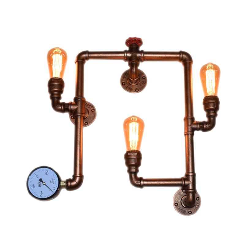 Industrial Copper Finish 3-Head Iron Sconce Light - Twisted Living Room Wall Mount Pipe Lamp With