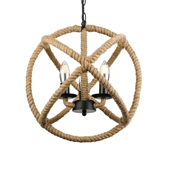 Adjustable Beige Chandelier For Bedrooms - Industrial Style Hanging Lamp Rope Globe Cage With Chain