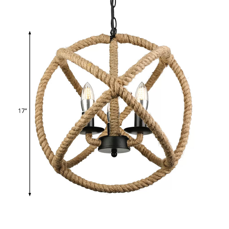 Adjustable Beige Chandelier For Bedrooms - Industrial Style Hanging Lamp Rope Globe Cage With Chain