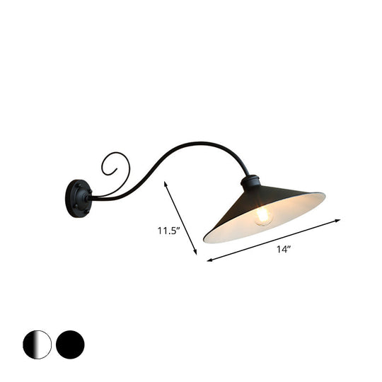 Flared Outdoor Wall Light - Antiqued 1-Light Metal Sconce Lamp With Curved Arm Black/Black & White