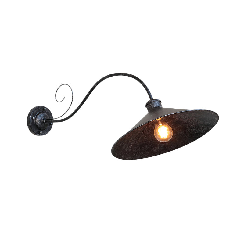 Flared Outdoor Wall Light - Antiqued 1-Light Metal Sconce Lamp With Curved Arm Black/Black & White