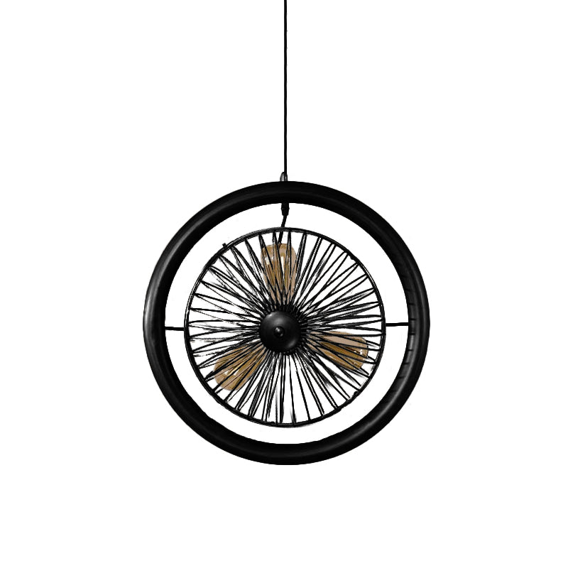 Farmhouse Kitchen Hanging Lamp With Brass/Black Finish - Circle Cage Metal Fixture 3 Lights & Fan