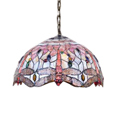 Dome Ceiling Lamp: Tiffany Shell Pink Dragonfly Pattern 3-Bulb Pendant Light - 12’/16’ Wide