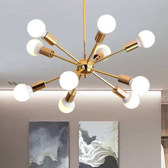 Modern Metal Starburst Chandelier Light - 6/10/12 Lights 26/38.5 Wide Gold Finish Bare Bulb Hanging