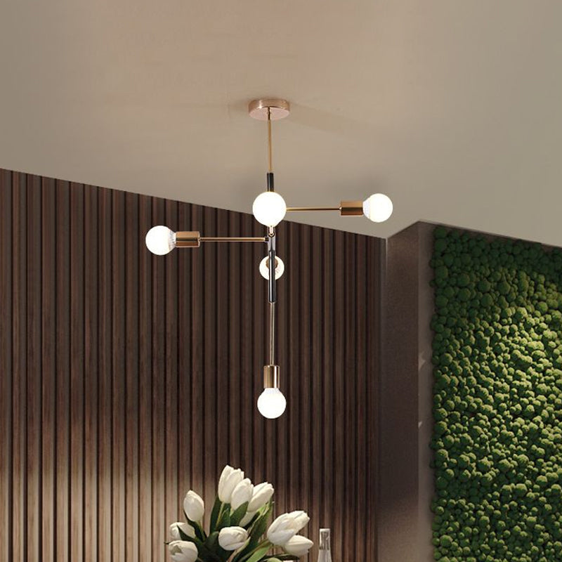 Modern 5-Light Rectilinear Metal Chandelier: White/Black Bare Bulb Hanging Ceiling Light For Dining