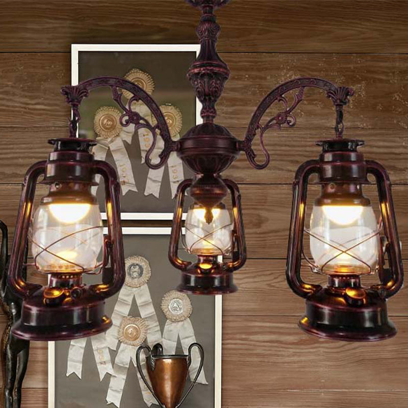 Industrial Pendant Chandelier Light For Kitchen - Clear Glass With Black/Silver/Red Lantern Design