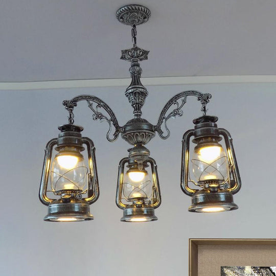 Industrial Pendant Chandelier Light For Kitchen - Clear Glass With Black/Silver/Red Lantern Design