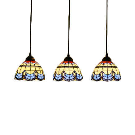 Victorian Tiffany Stained Glass Pendant Light With 3-Bulb Suspension - Blue For Living Room