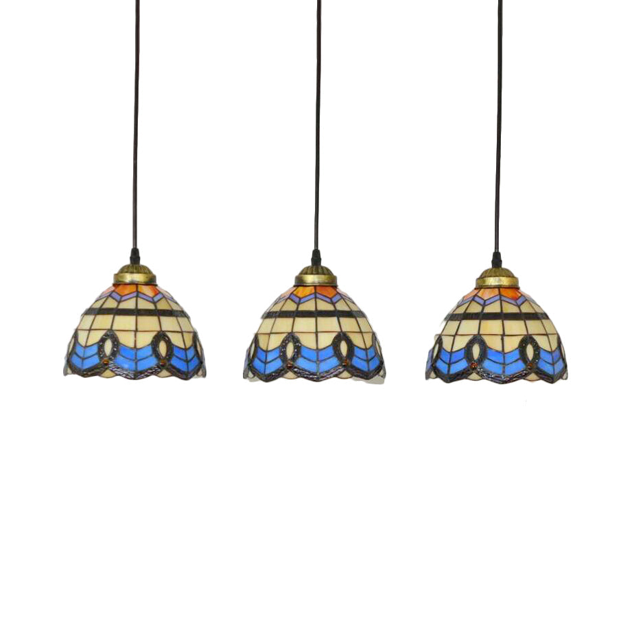 Victorian Tiffany Stained Glass Pendant Light With 3-Bulb Suspension - Blue For Living Room