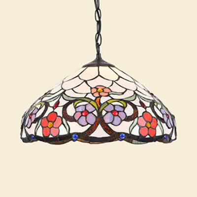 Stained Glass Rustic Tiffany Pendant Light: Multi Color Flower Hanging Light In Black Finish / A