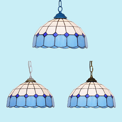 Mediterranean Dome Stained Art Glass Pendant Light In White/Blue/Bronze