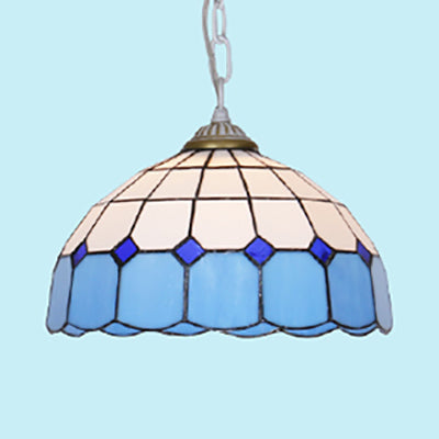 Mediterranean Dome Stained Art Glass Pendant Light In White/Blue/Bronze