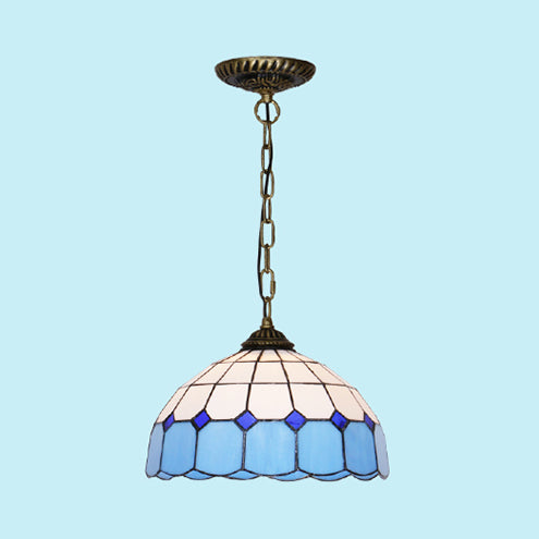Mediterranean Dome Stained Art Glass Pendant Light In White/Blue/Bronze