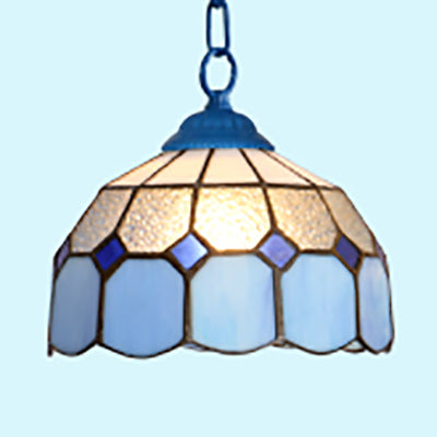 Baroque Stained Glass Ceiling Light Fixture In Black/White/Blue For Dining Room - 1 Head Suspension