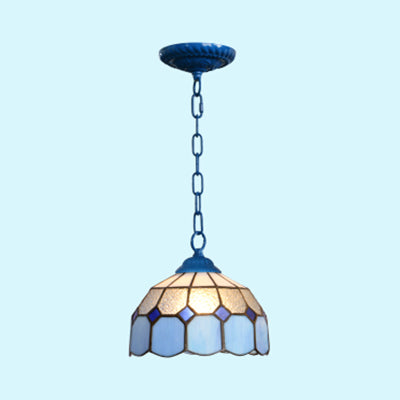 Baroque Stained Glass Ceiling Light Fixture In Black/White/Blue For Dining Room - 1 Head Suspension