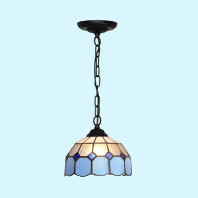 Baroque Stained Glass Ceiling Light Fixture In Black/White/Blue For Dining Room - 1 Head Suspension