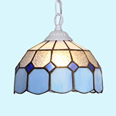 Baroque Stained Glass Ceiling Light Fixture In Black/White/Blue For Dining Room - 1 Head Suspension