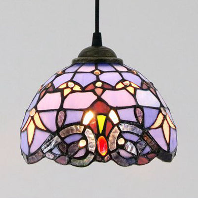 Baroque Style Stained Glass Dome Pendant Light With Hanging Cord Blue