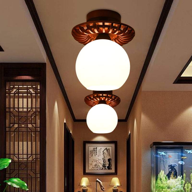 Rustic Cream Glass Flush Mount Ceiling Light With Wood Frame - Brown Globe/Square Design