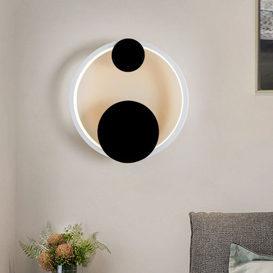 Modern Black & White Acrylic Led Wall Sconce With Halo Shape For Bedside In White/Warm Light